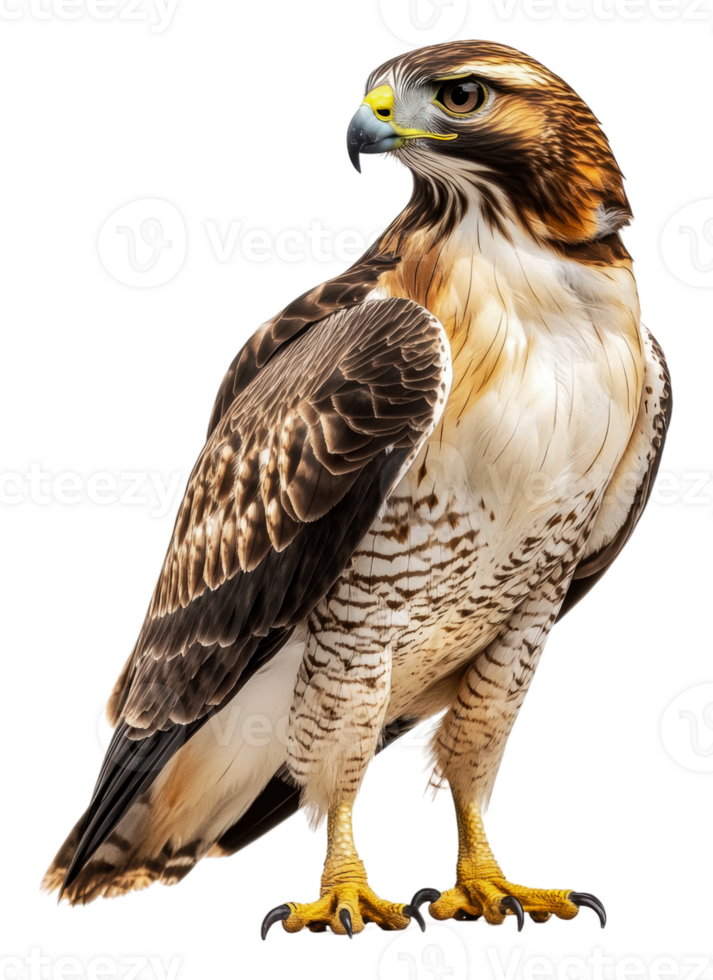 Majestic hawk perched on a branch in sunlight, cut out - stock . png