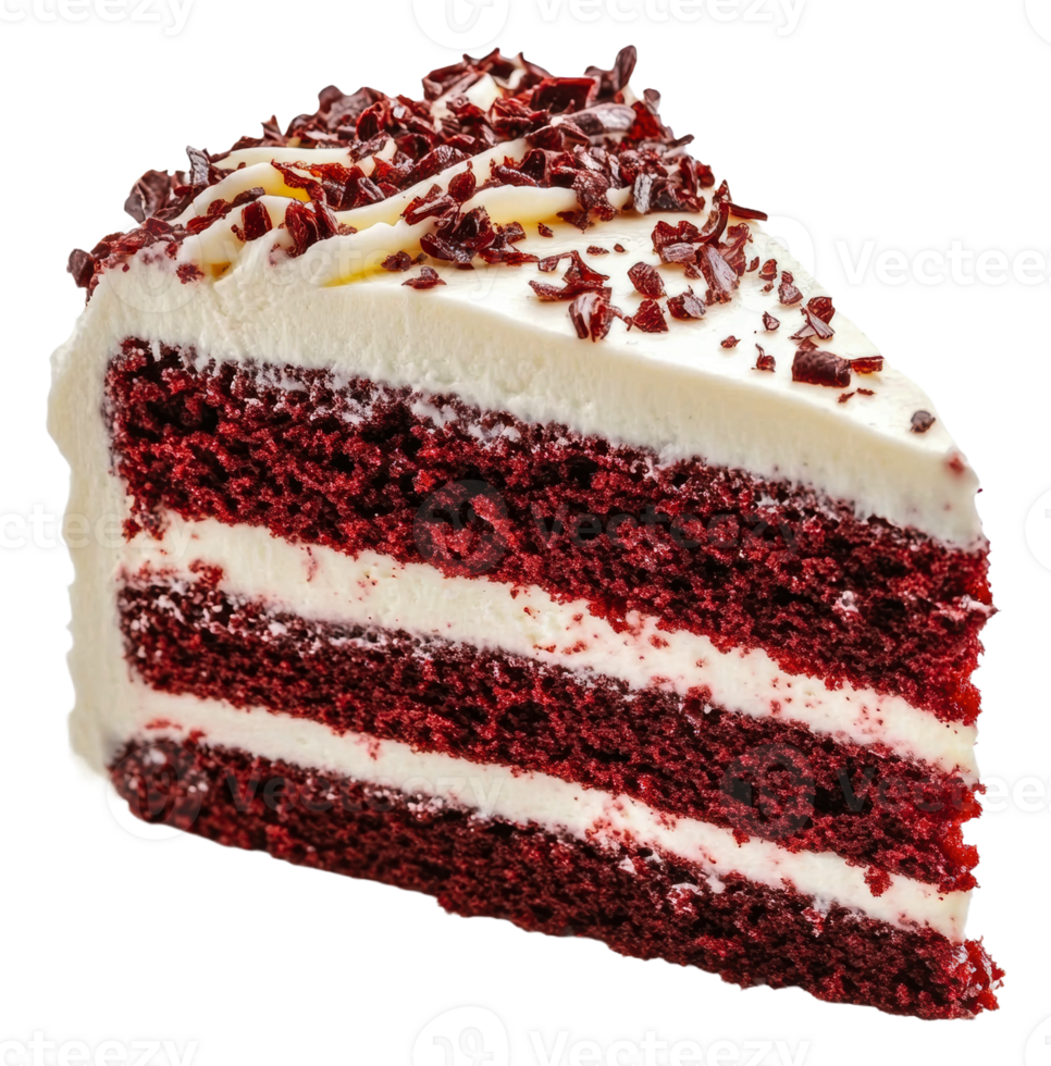Delicious slice of red velvet cake with frosting, cut out - stock . png