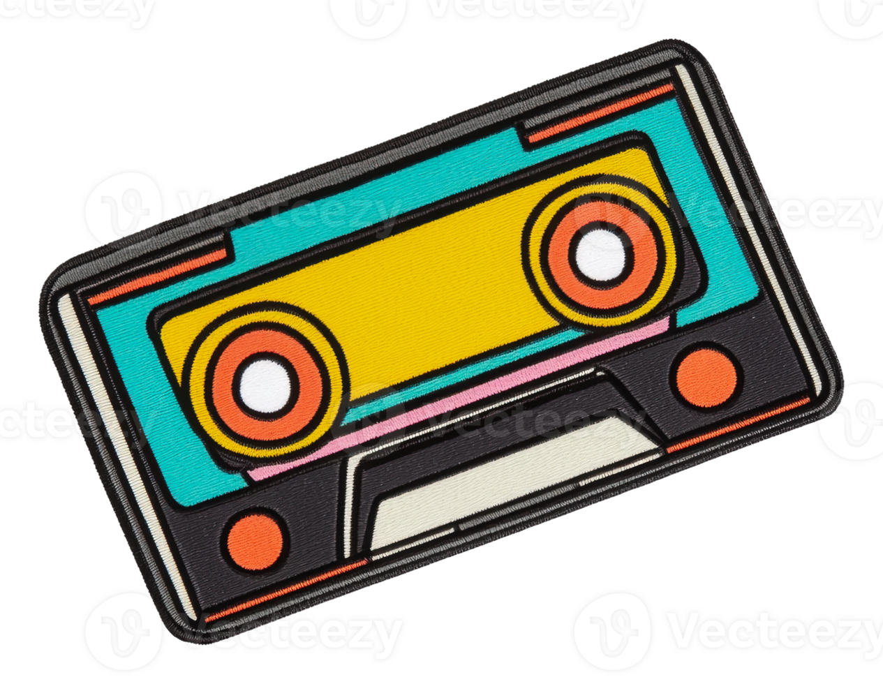Retro cassette tape design on fabric, cut out - stock . png