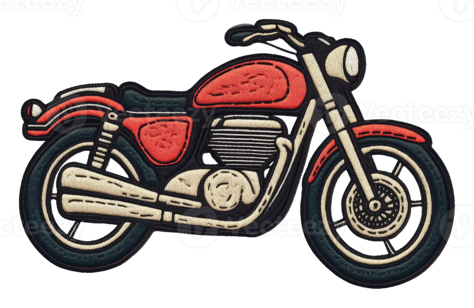 Red vintage motorcycle embroidery design on fabric, cut out - stock . png