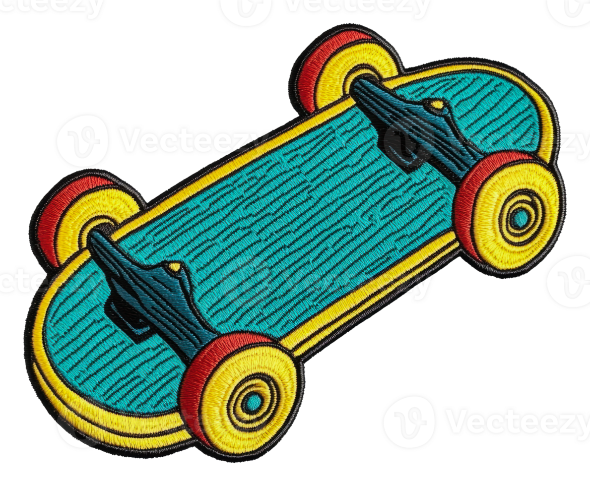 Colorful embroidered skateboard design on fabric, cut out - stock . png