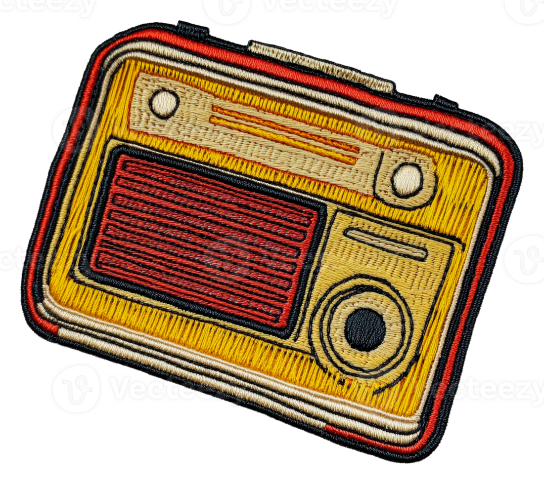 Retro embroidered patch of a vintage radio design, cut out - stock . png