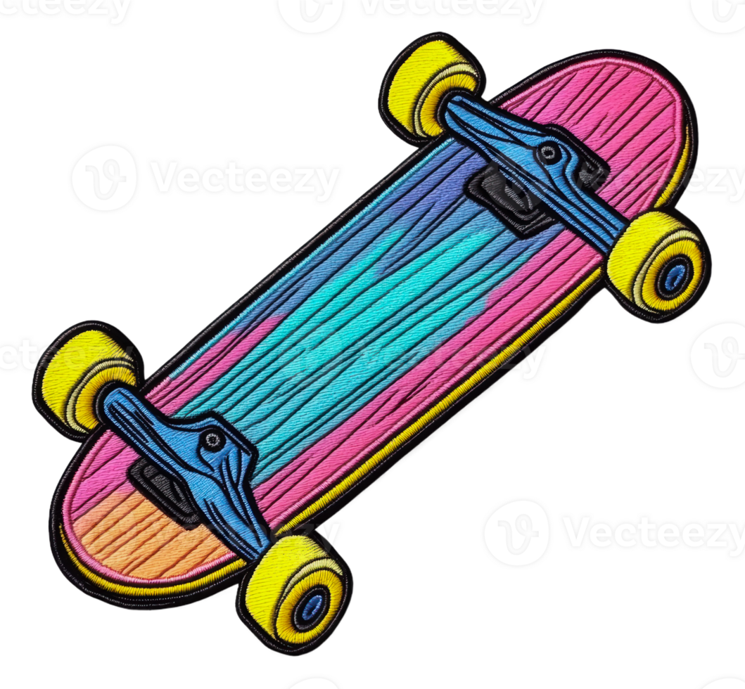 Colorful skateboard on wood surface, cut out - stock . png