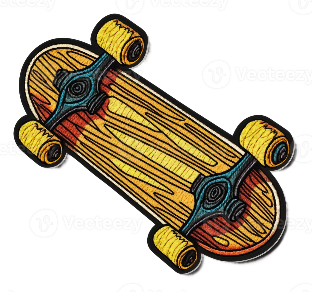 Bright striped skateboard with colorful wheels, cut out - stock . png