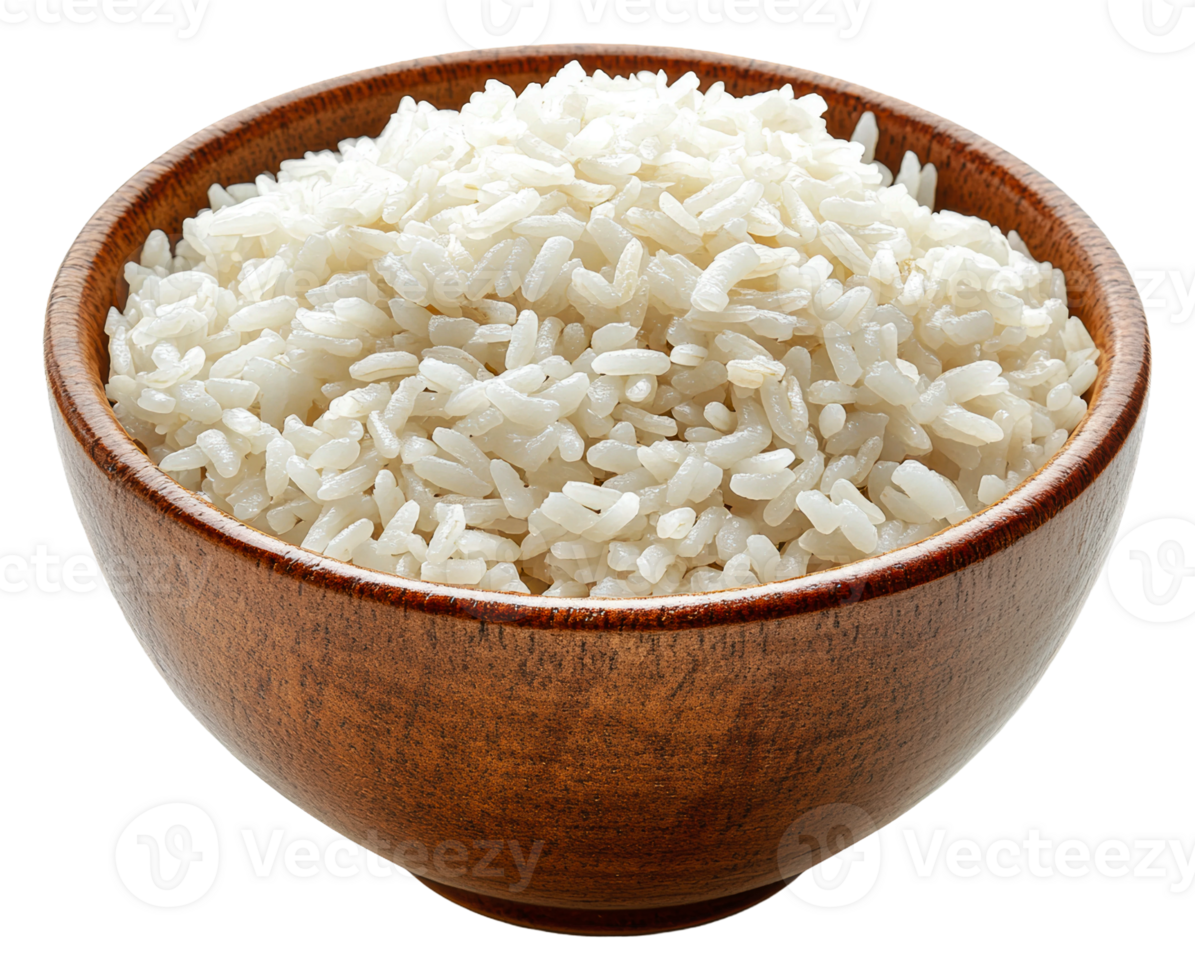 A wooden bowl filled with uncooked white rice, cut out - stock . png