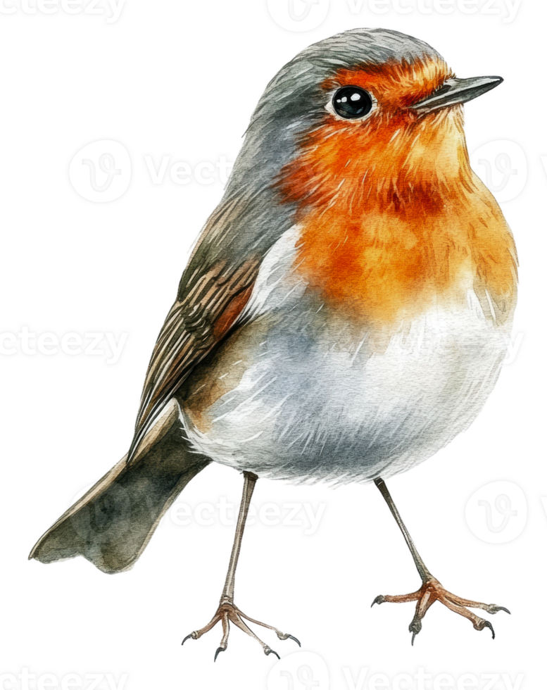Realistic robin illustration perched on two legs, cut out - stock . png