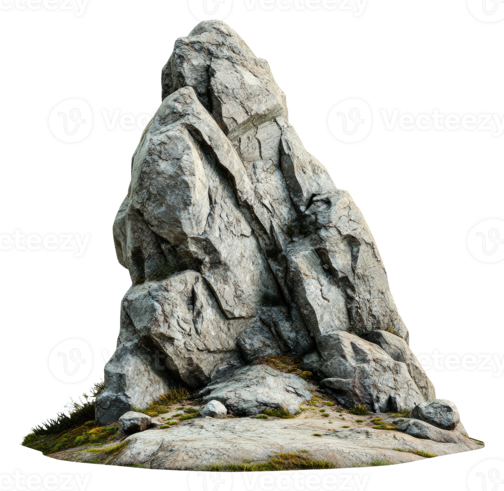Large rugged rock formation with surrounding grass, cut out - stock . png