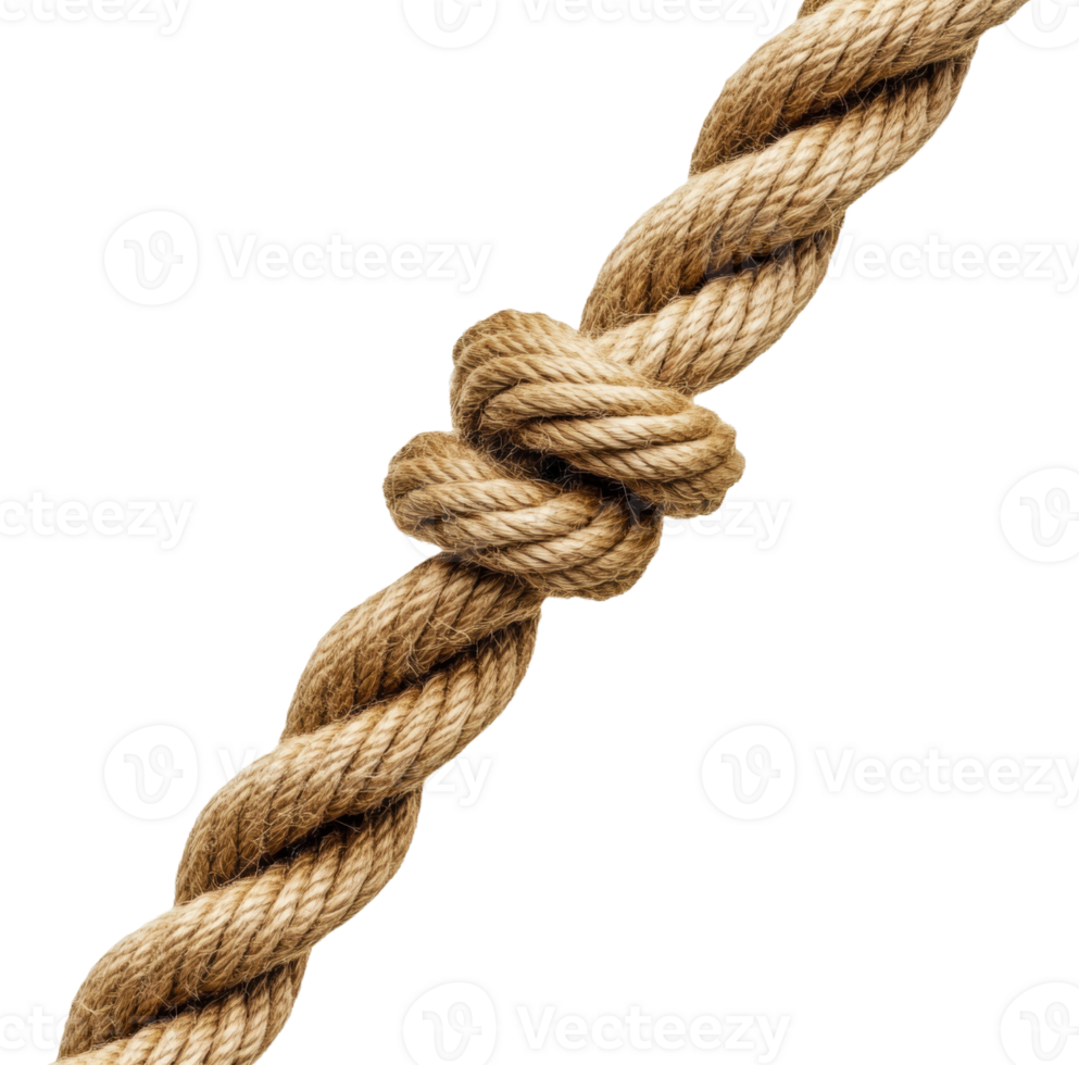 Twisted twine knot on natural fiber rope hanging, cut out - stock . png