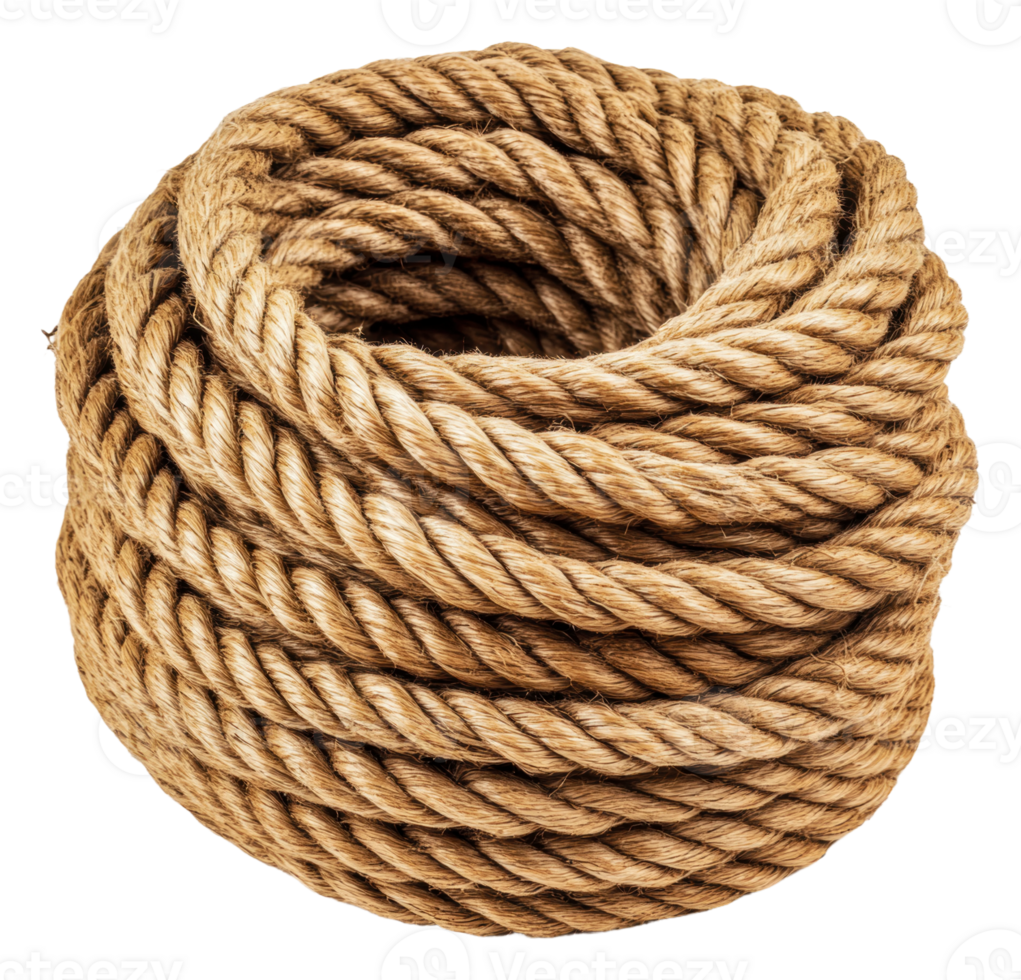 Coiled natural jute rope on a plain background, cut out - stock . png