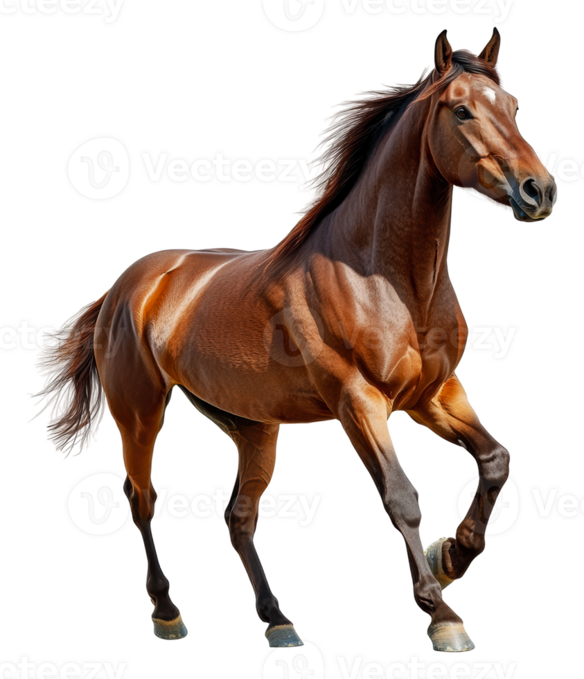 A strong brown horse trotting in a clear setting, cut out - stock . png