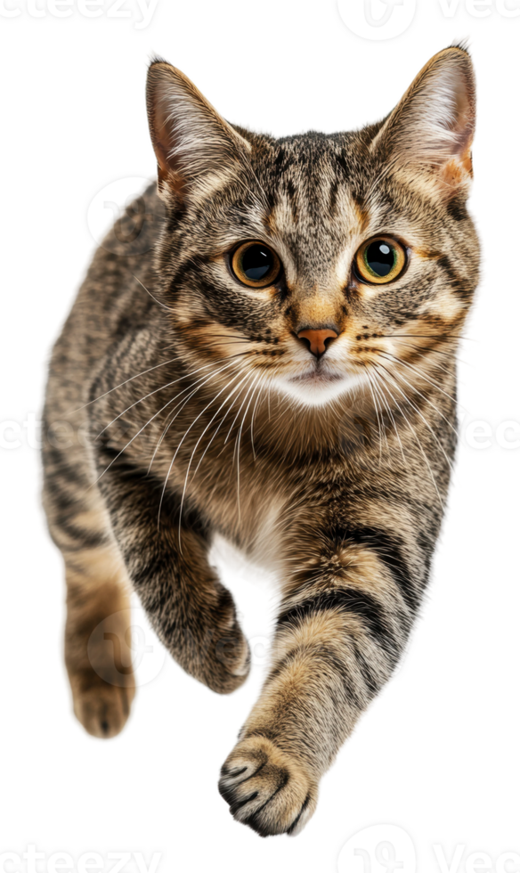 Excited tabby cat jumping indoors, cut out - stock . png