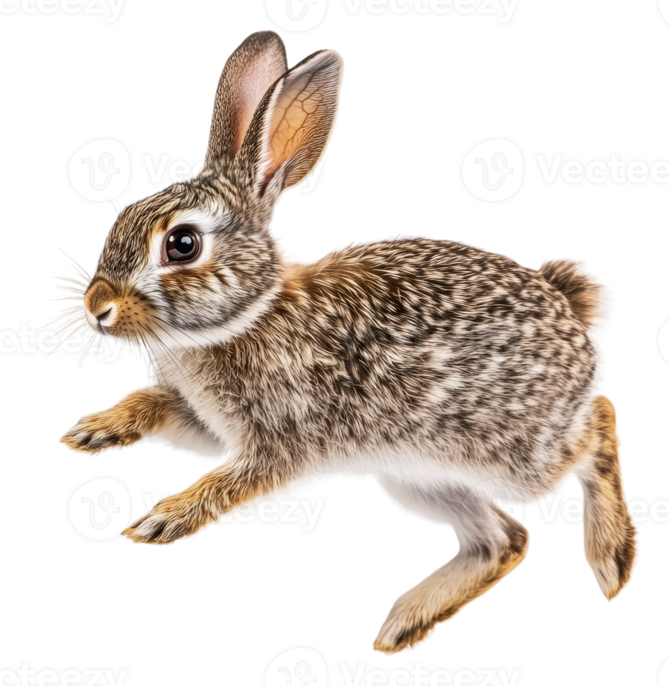 Brown rabbit hopping on a white background, cut out - stock . png