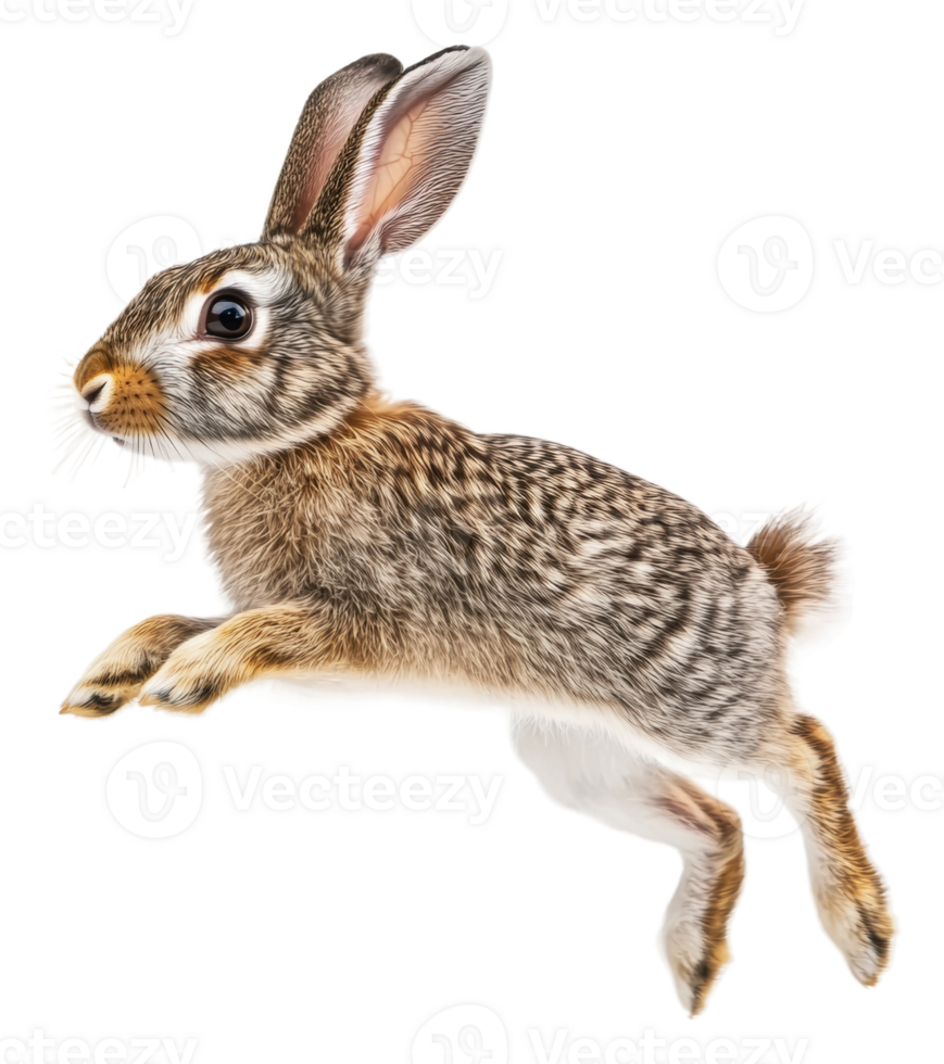 A rabbit jumping playfully in mid-air indoors, cut out - stock . png