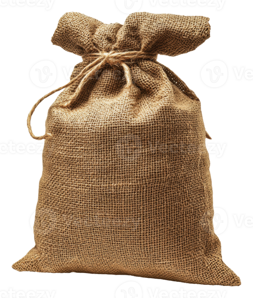 Natural burlap sack filled with various items, cut out - stock . png