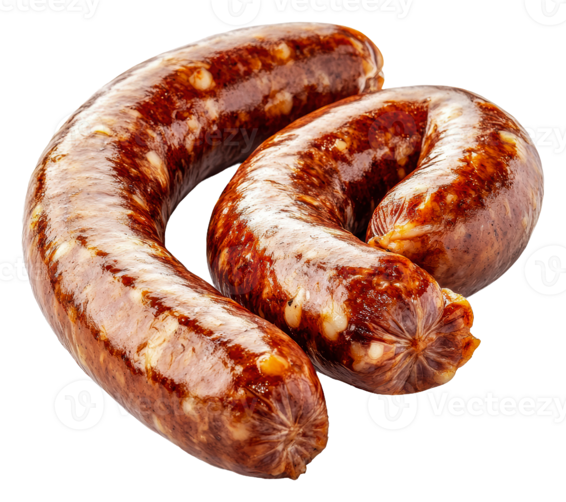 Smoked sausages on a white background, cut out - stock . png