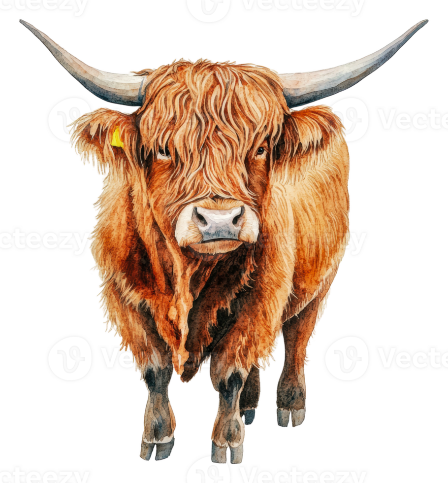 Highland cow standing in a pastoral setting, cut out - stock . png