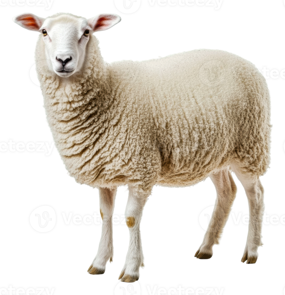 Soft and fluffy sheep standing on green grass, cut out - stock . png