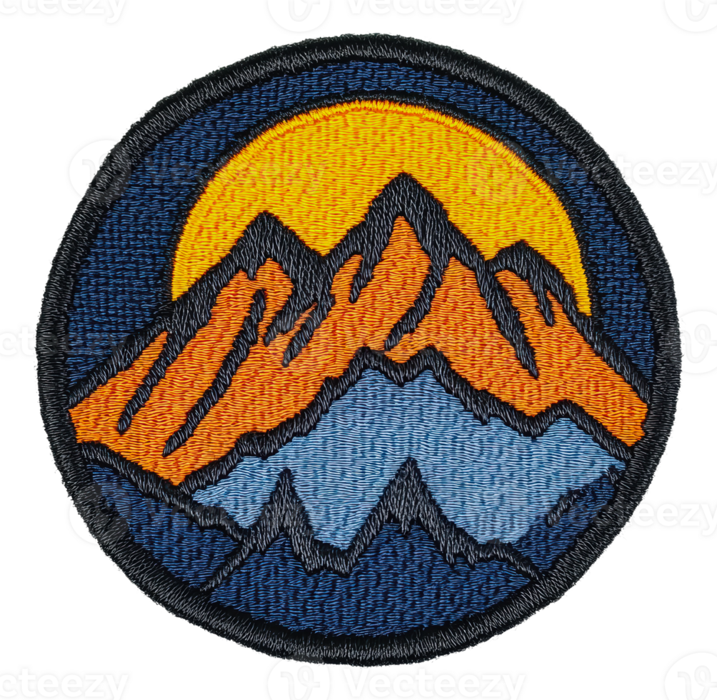 Colorful mountain patch with sun and vibrant peaks, cut out - stock . png