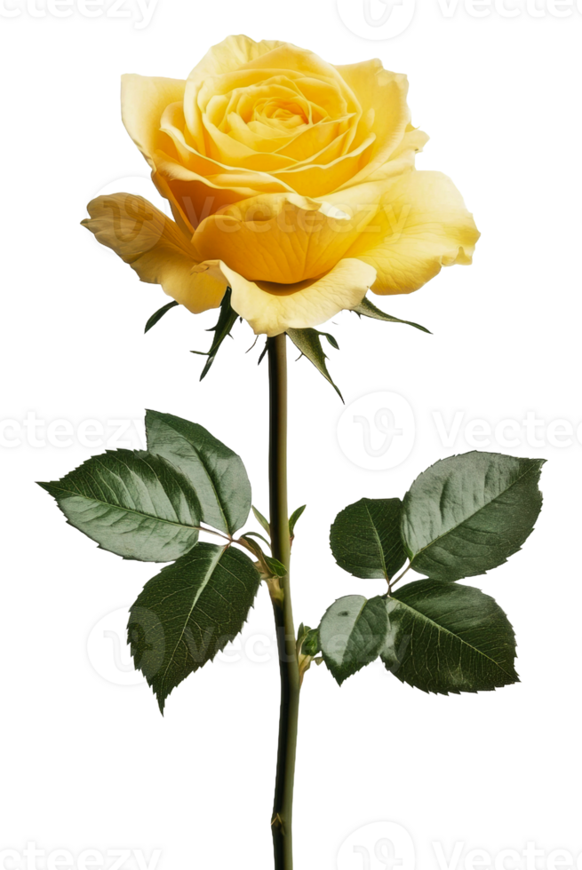 Yellow rose with vibrant petals and green leaves, cut out - stock . png