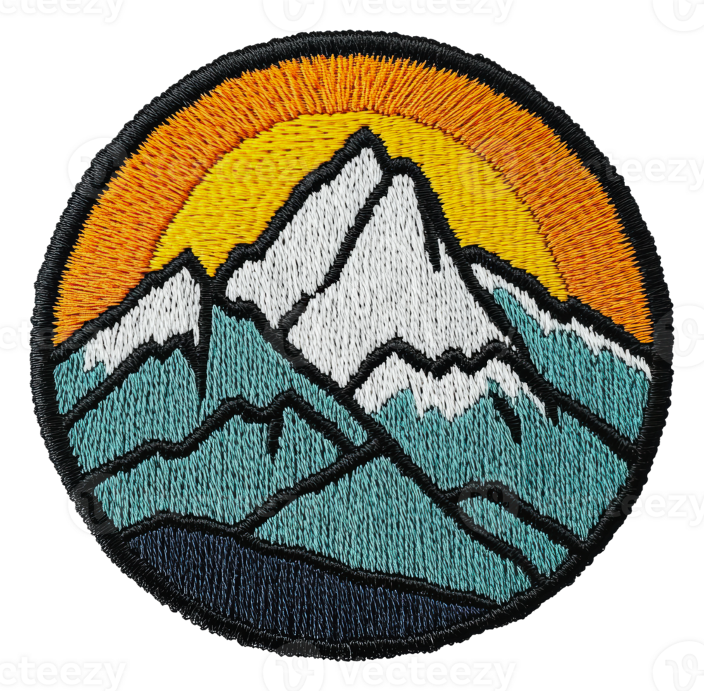 Colorful embroidered patch of a mountain landscape, cut out - stock . png