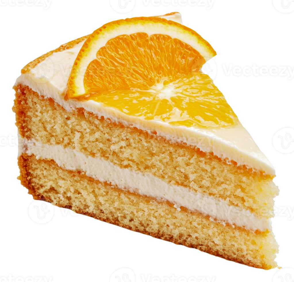 Delicious slice of orange cake on a white plate, cut out - stock . png