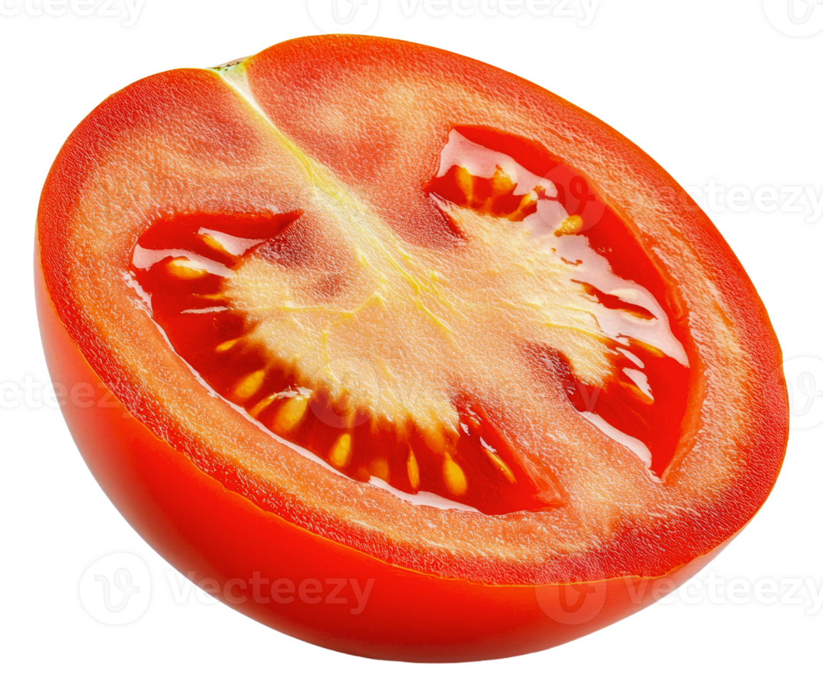 Fresh red tomato reveals ripe interior, cut out - stock . png