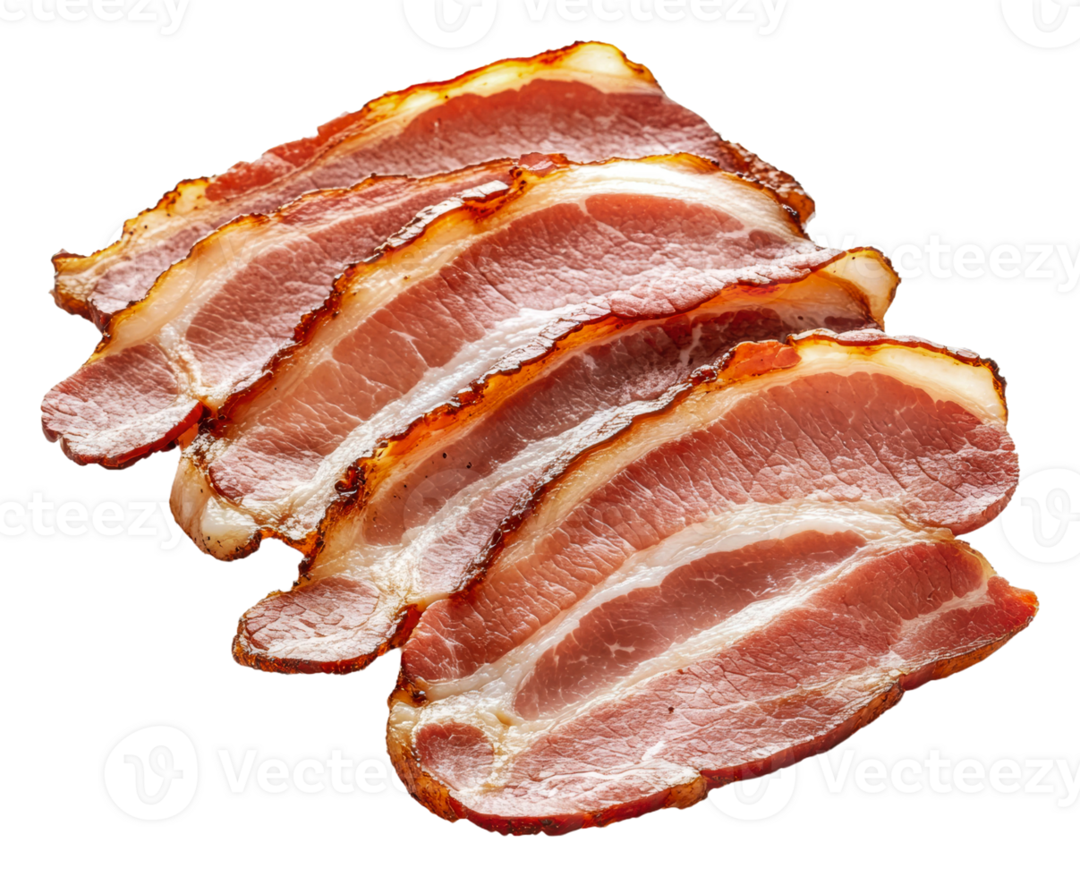 Slices of crispy cooked bacon arranged neatly, cut out - stock . png