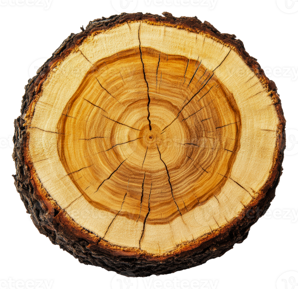 Cross-section of a tree trunk showcasing its rings, cut out - stock . png