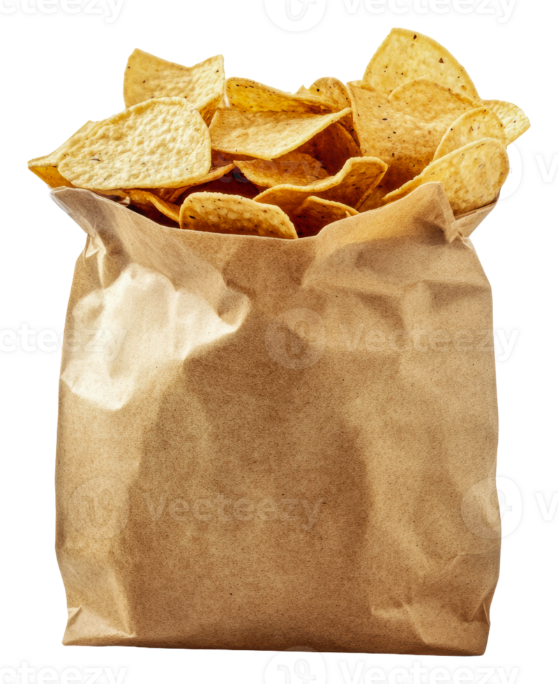 Golden tortilla chips in a paper bag on display, cut out - stock . png