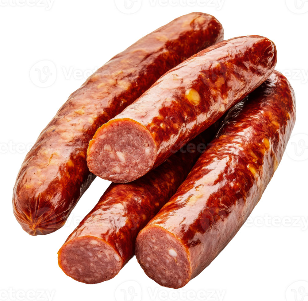 Freshly made sausage links on a white background, cut out - stock . png