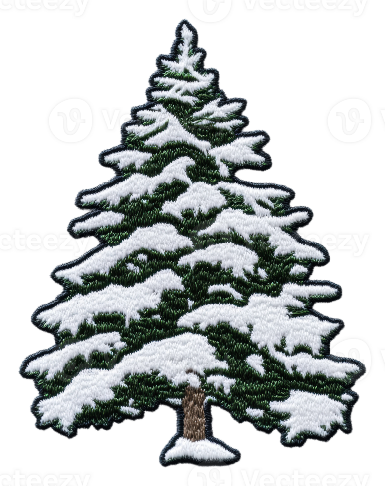 Embroidered snow-covered evergreen tree design, cut out - stock . png