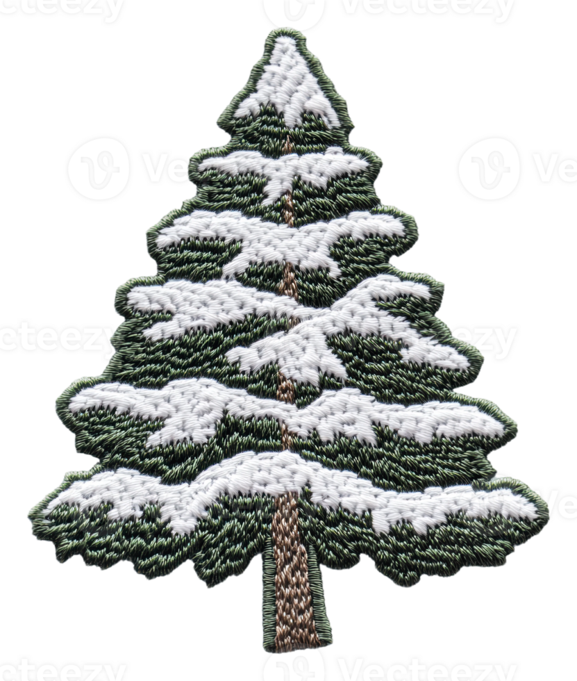 Decorative embroidered pine tree with snow detail, cut out - stock . png