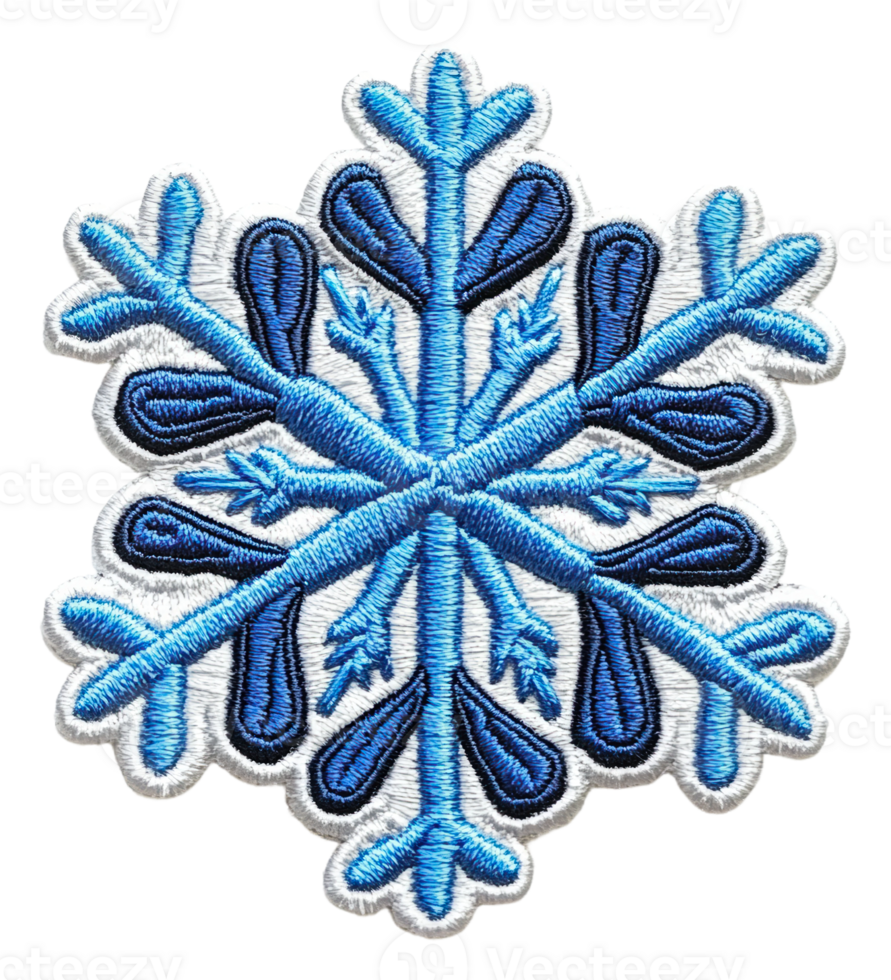 Embroidered blue snowflake patch design on fabric, cut out - stock . png