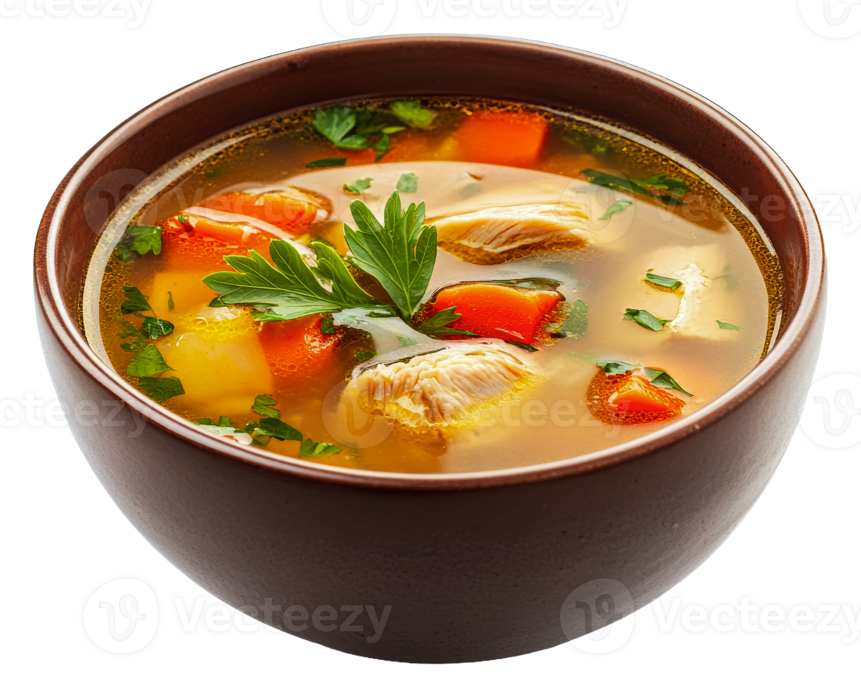 Hearty chicken vegetable soup in a brown bowl, cut out - stock . png