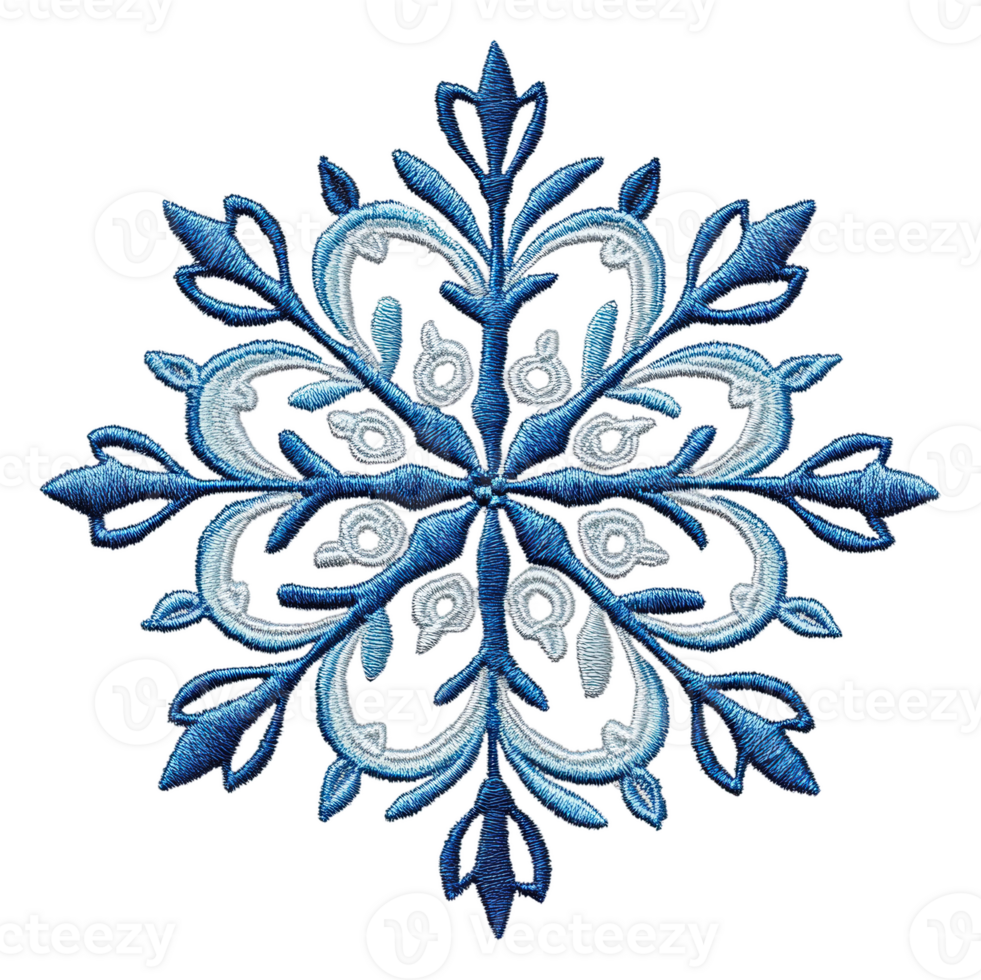 Intricate blue embroidery of a snowflake design, cut out - stock . png