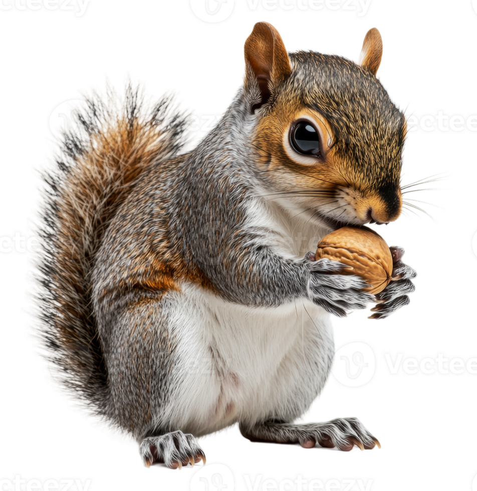 Squirrel holding a nut in a forest setting, cut out - stock . png