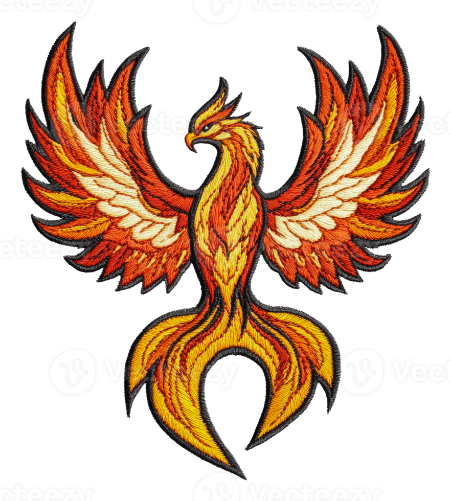 Vibrant phoenix embroidery design in fiery colors, cut out - stock . png