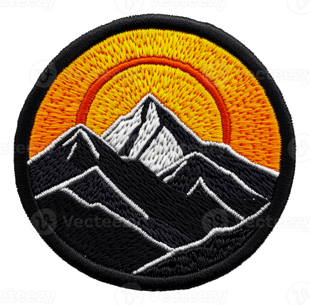 Colorful mountain patch with sunrise design, cut out - stock . png