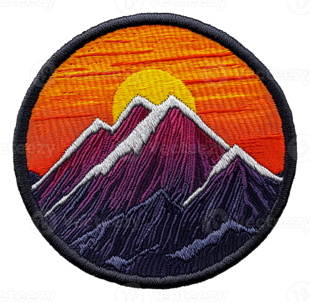 Vibrant sunset mountain landscape patch, cut out - stock . png