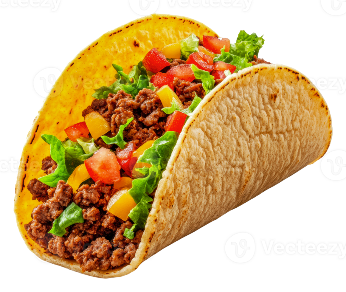 Delicious beef taco with fresh toppings, cut out - stock . png
