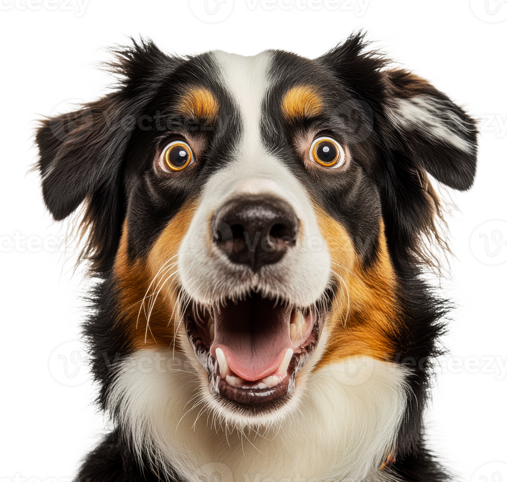 Happy dog displaying joy with wide-open eyes, cut out - stock . png