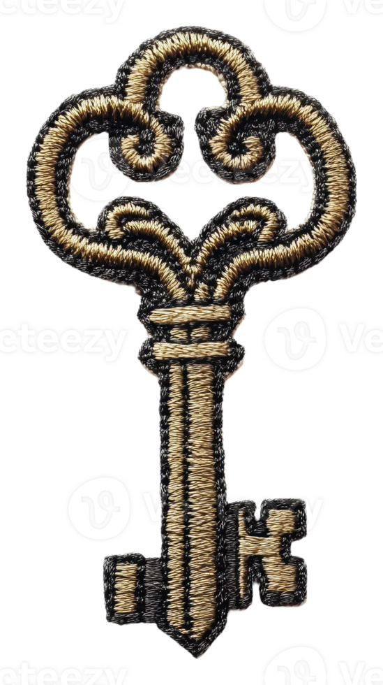 Embroidered key design in gold and black thread, cut out - stock . png
