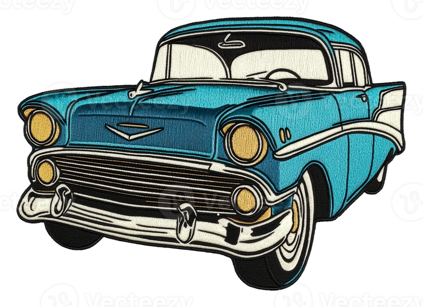 Vintage blue car on city street, cut out - stock . png