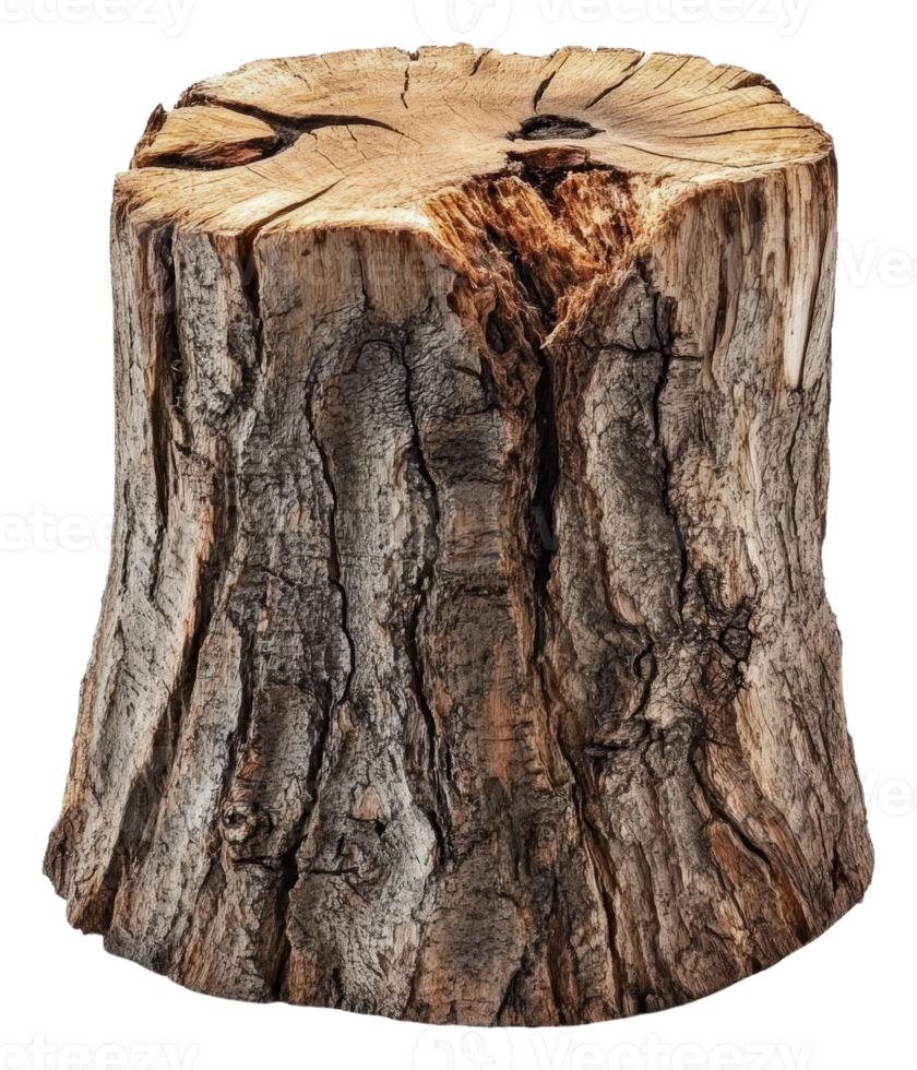 Sturdy tree stump with textured bark in sunlight, cut out - stock . png