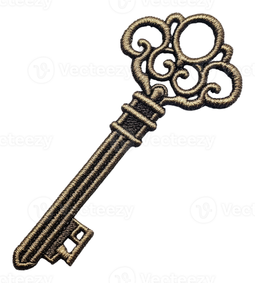 Vintage fabric key with ornate design, cut out - stock . png