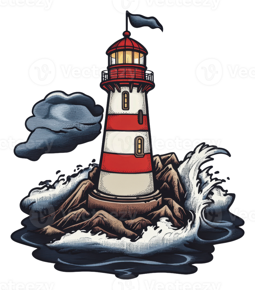 Lighthouse standing resilient against stormy waves, cut out - stock . png