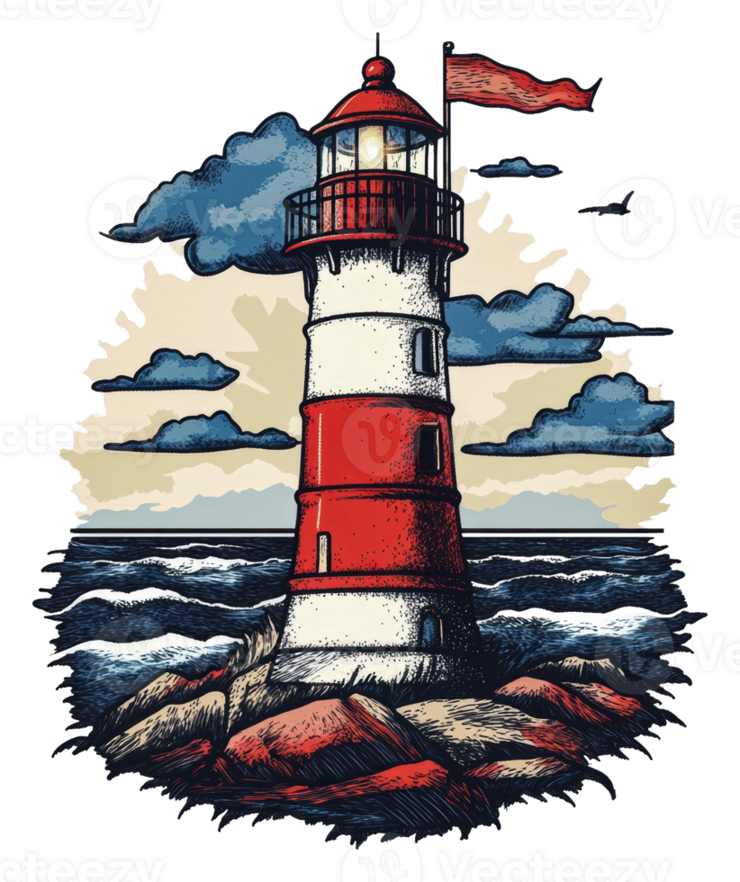 Vibrant lighthouse withstands stormy sea, cut out - stock . png