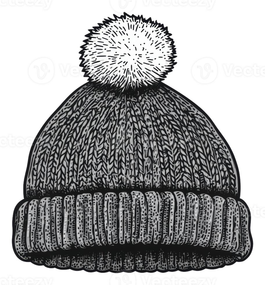 Gray knitted beanie with a pom pom on top, cut out - stock . png