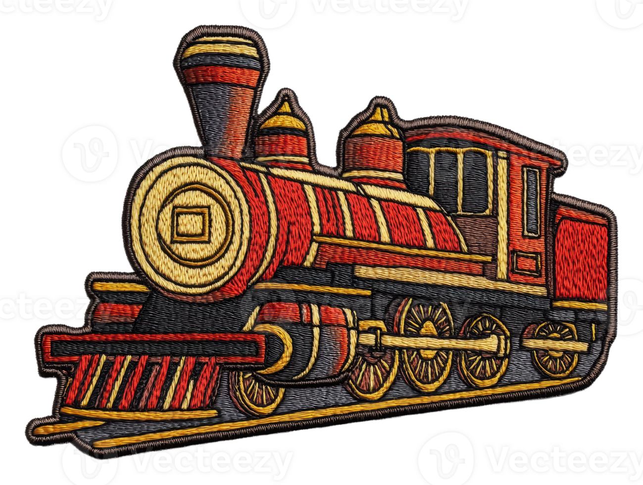 Colorful embroidered steam engine design on fabric, cut out - stock . png
