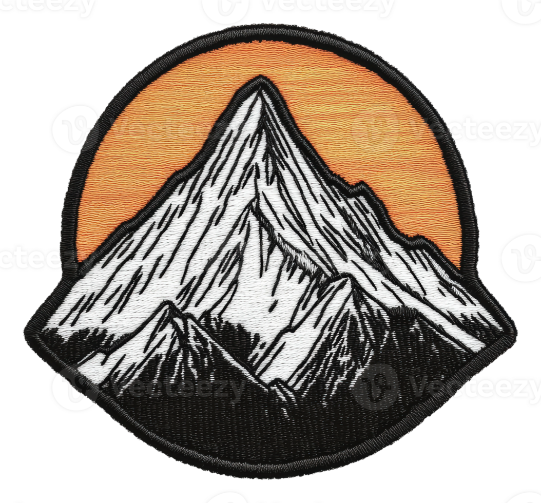 Mountain patch with sunset background design, cut out - stock . png